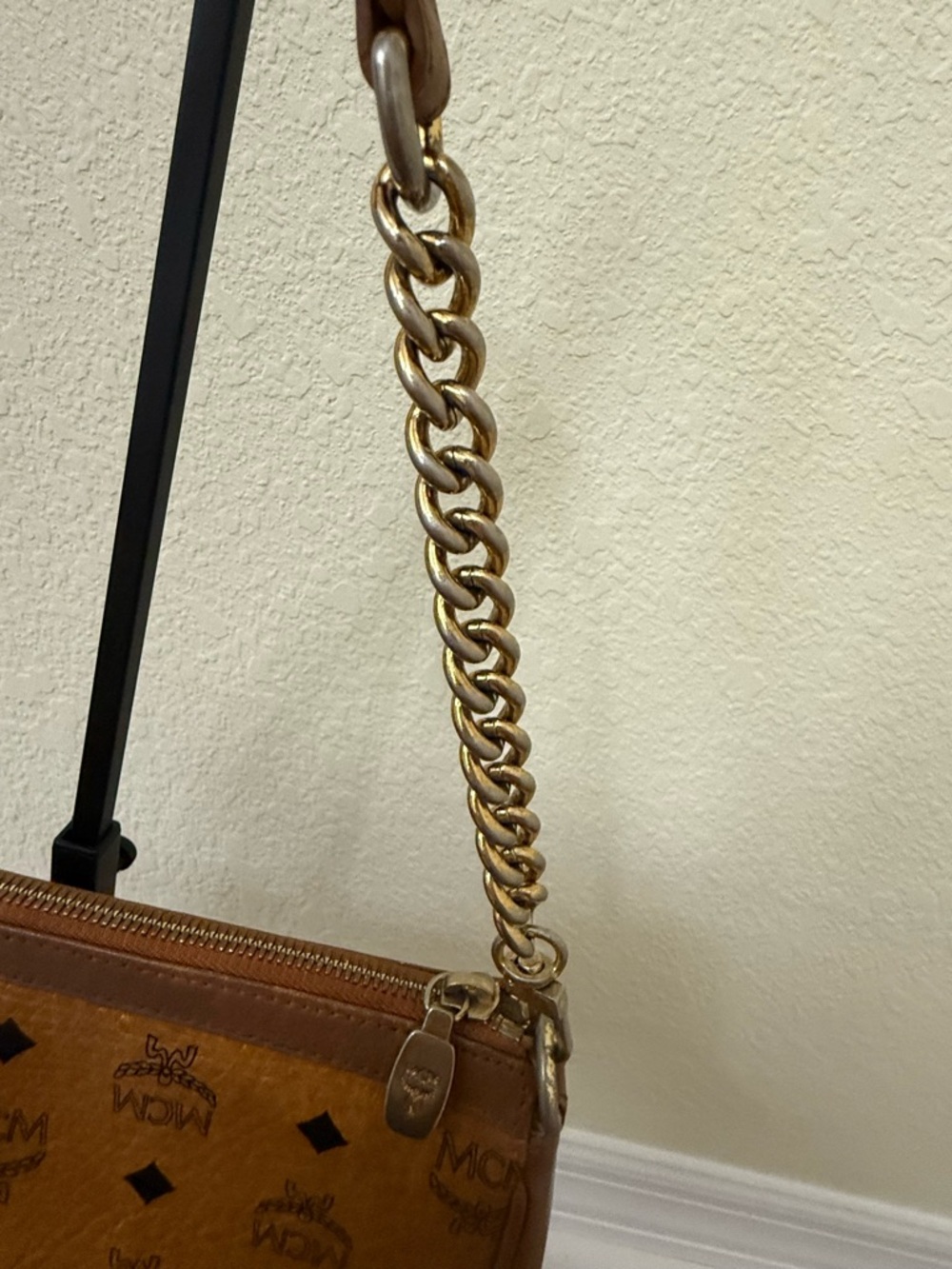 MCM Cognac Visetos Bag with Blue Stripes - Picture 5 of 15